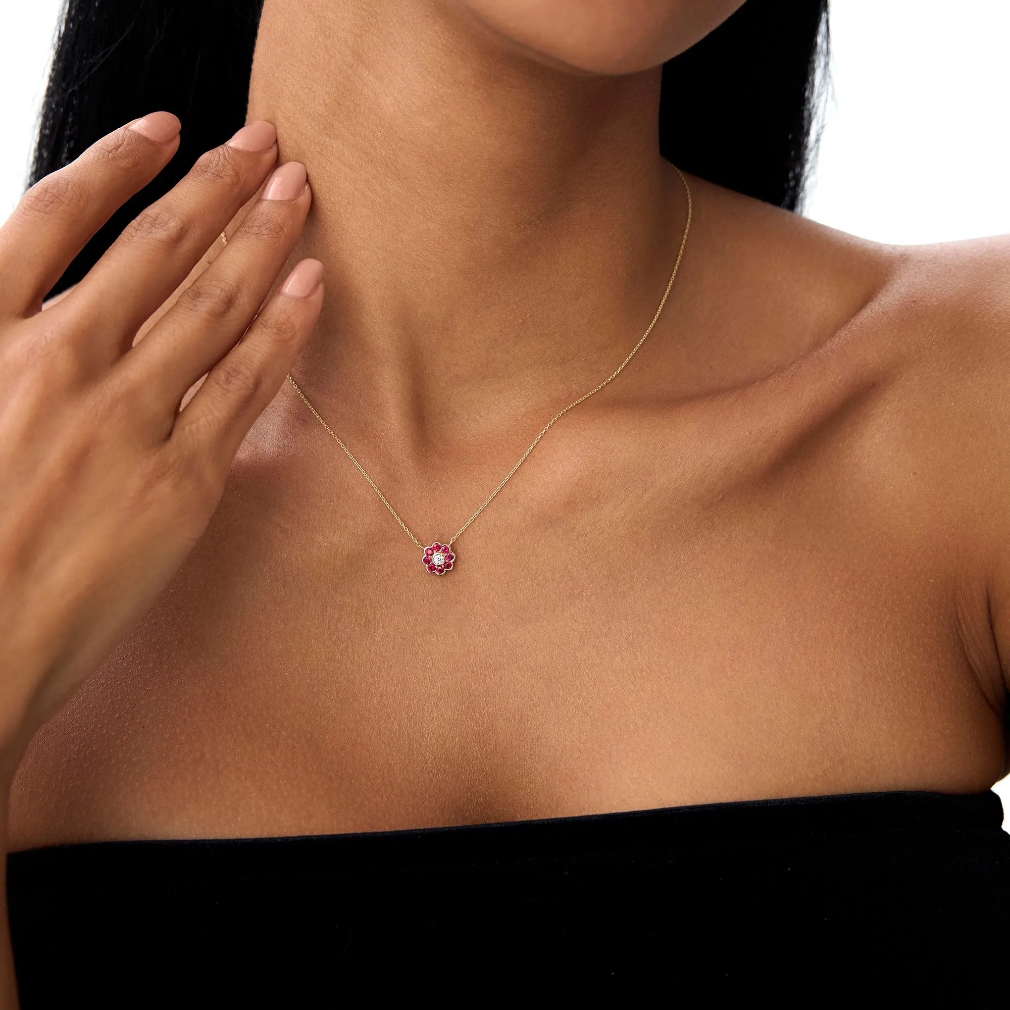 14k Solid Gold Ruby and Diamond Round Flower Necklace 0.35 Carat Bezel Setting