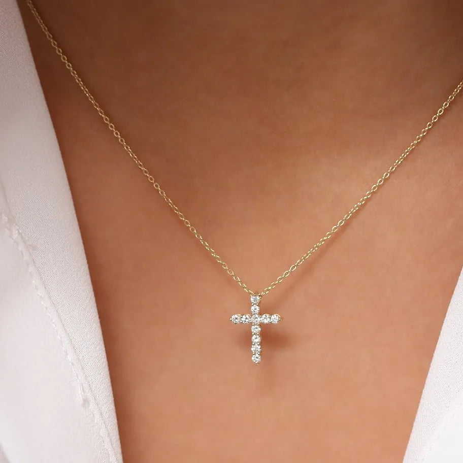 14K Solid Gold Round Diamond Cross Pendant Necklace Prong Setting 0.35ctw
