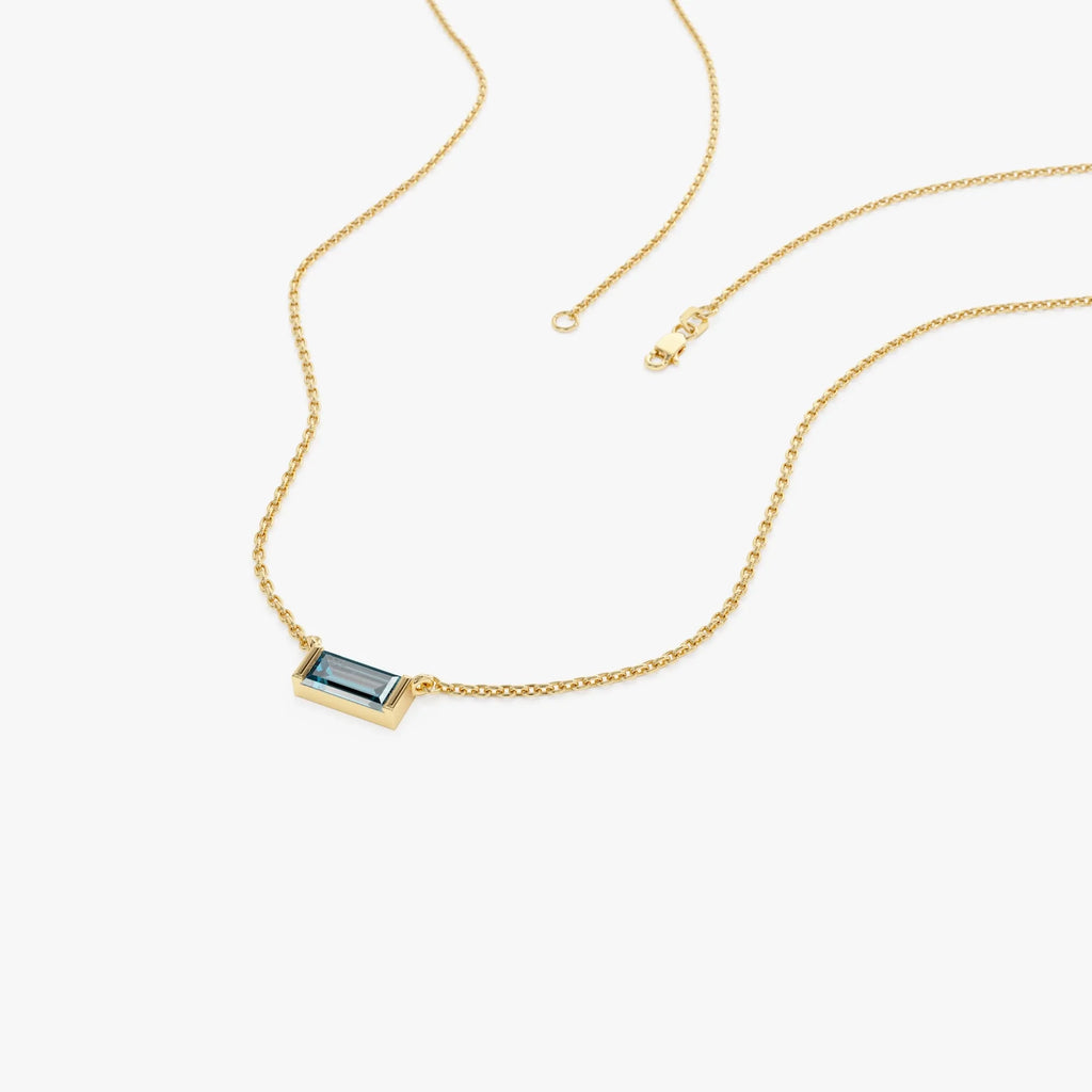 14k Solid Gold London Blue Topaz Baguette Birthstone Necklace 0.45 Carat