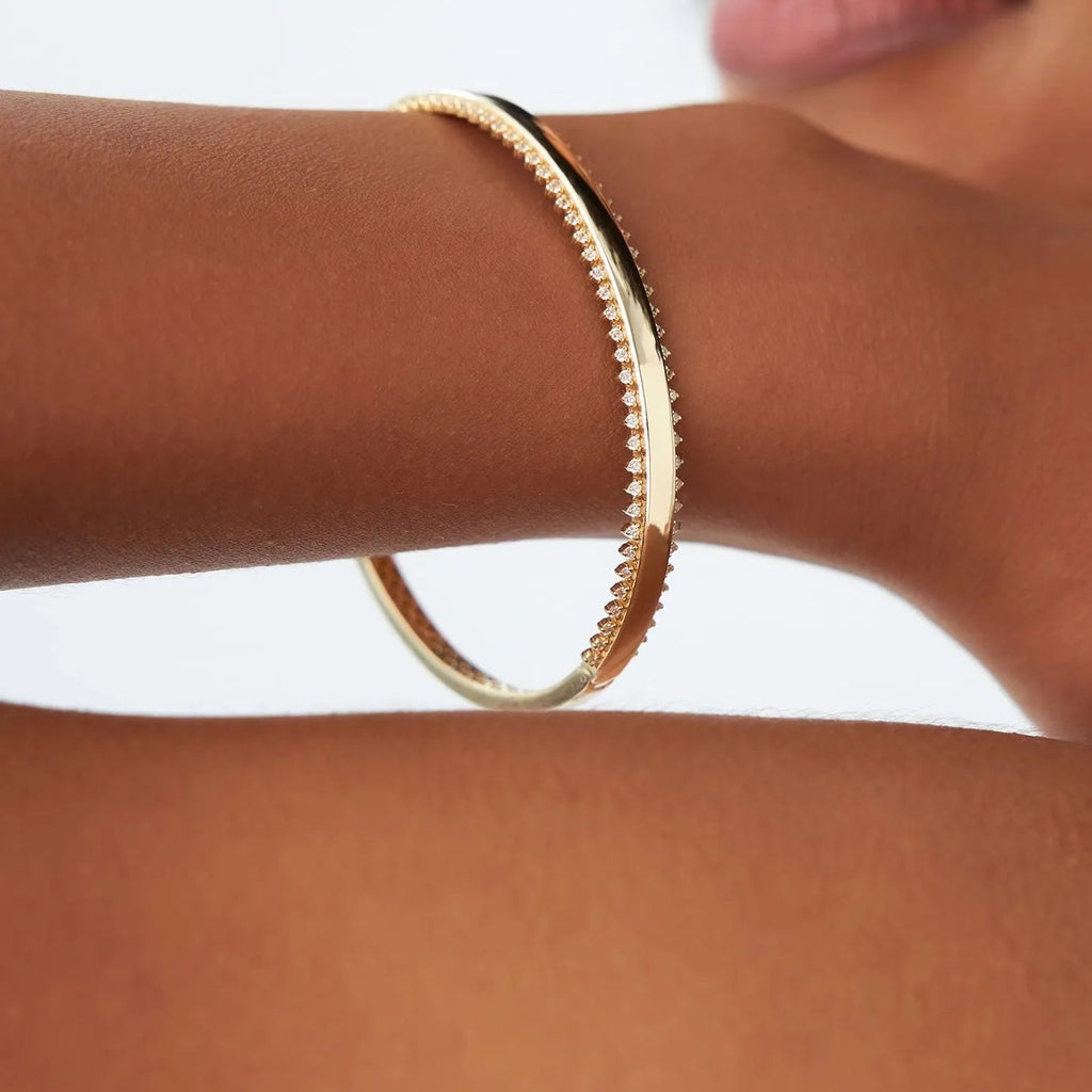 14K Solid Gold 0.85 CTW Round Diamond Statement Prong Set Bangle