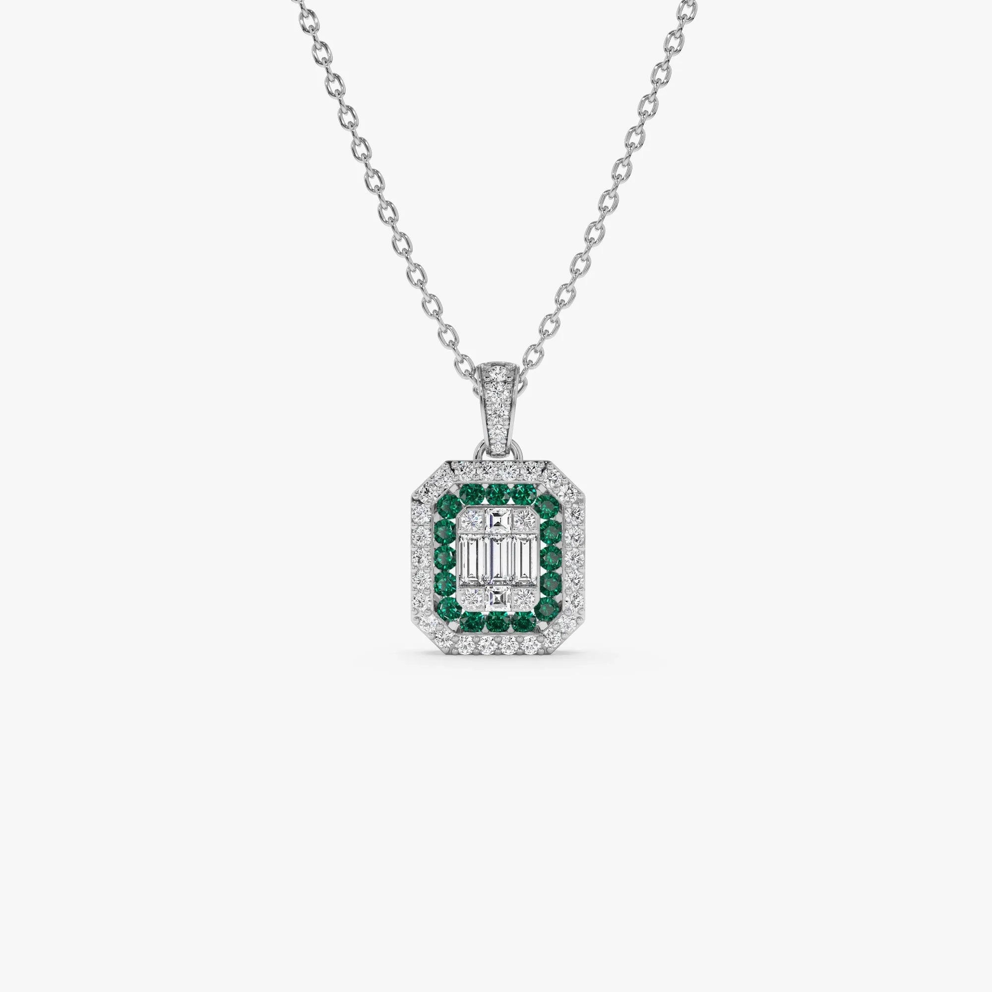 14k Solid Gold Baguette and Round Diamond 0.30 CTW and Emerald 0.20 CTW Halo Pendant Necklace