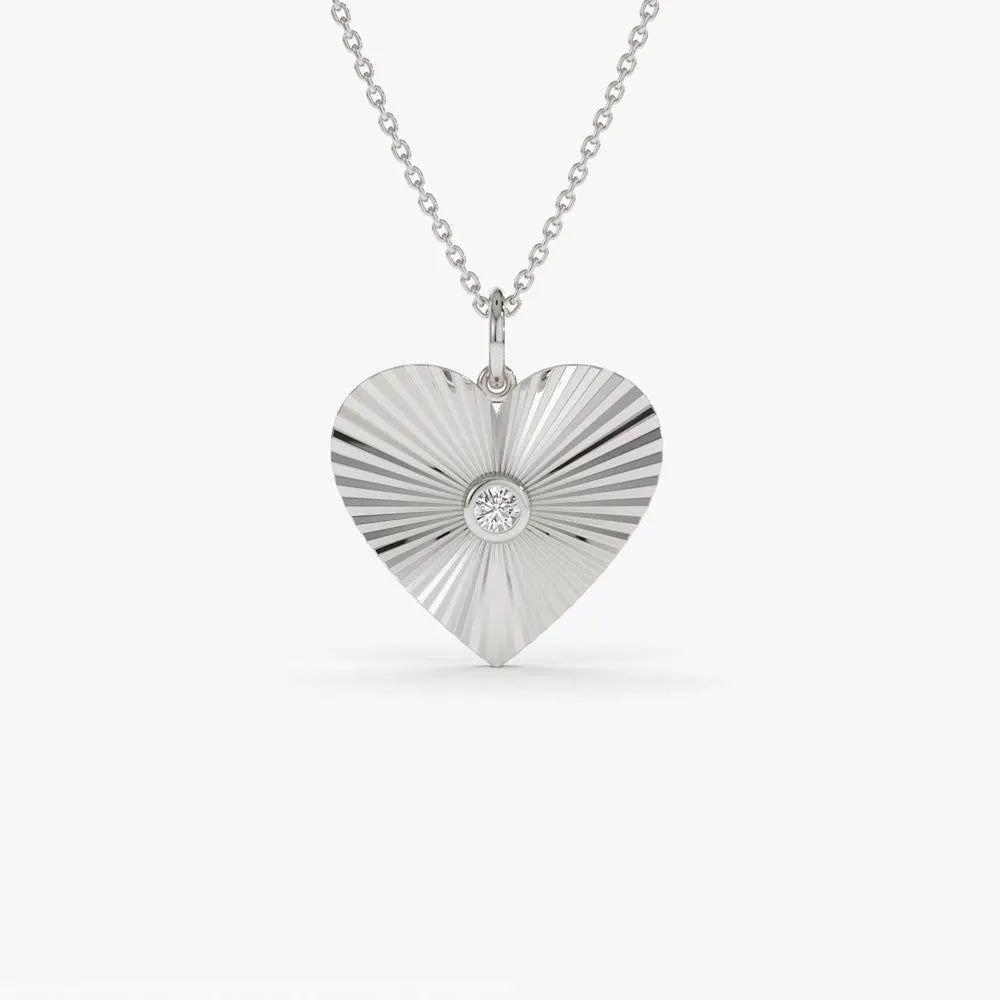 14K Solid Gold Round Diamond Heart Shape Disc Ray Pendant Necklace 0.10ctw