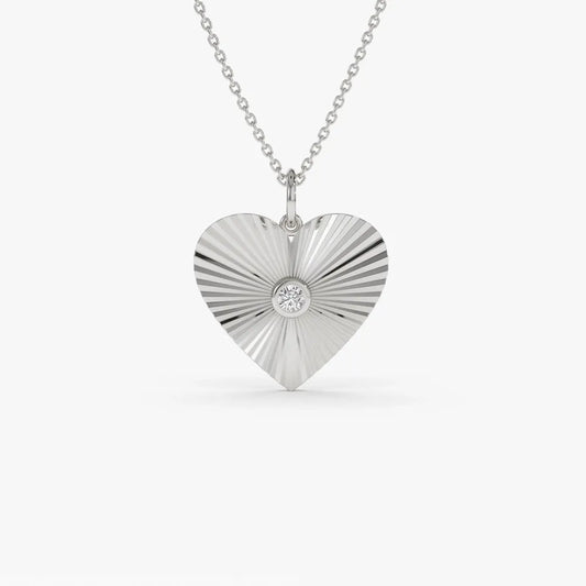 14K Solid Gold Round Diamond Heart Shape Disc Ray Pendant Necklace 0.10ctw