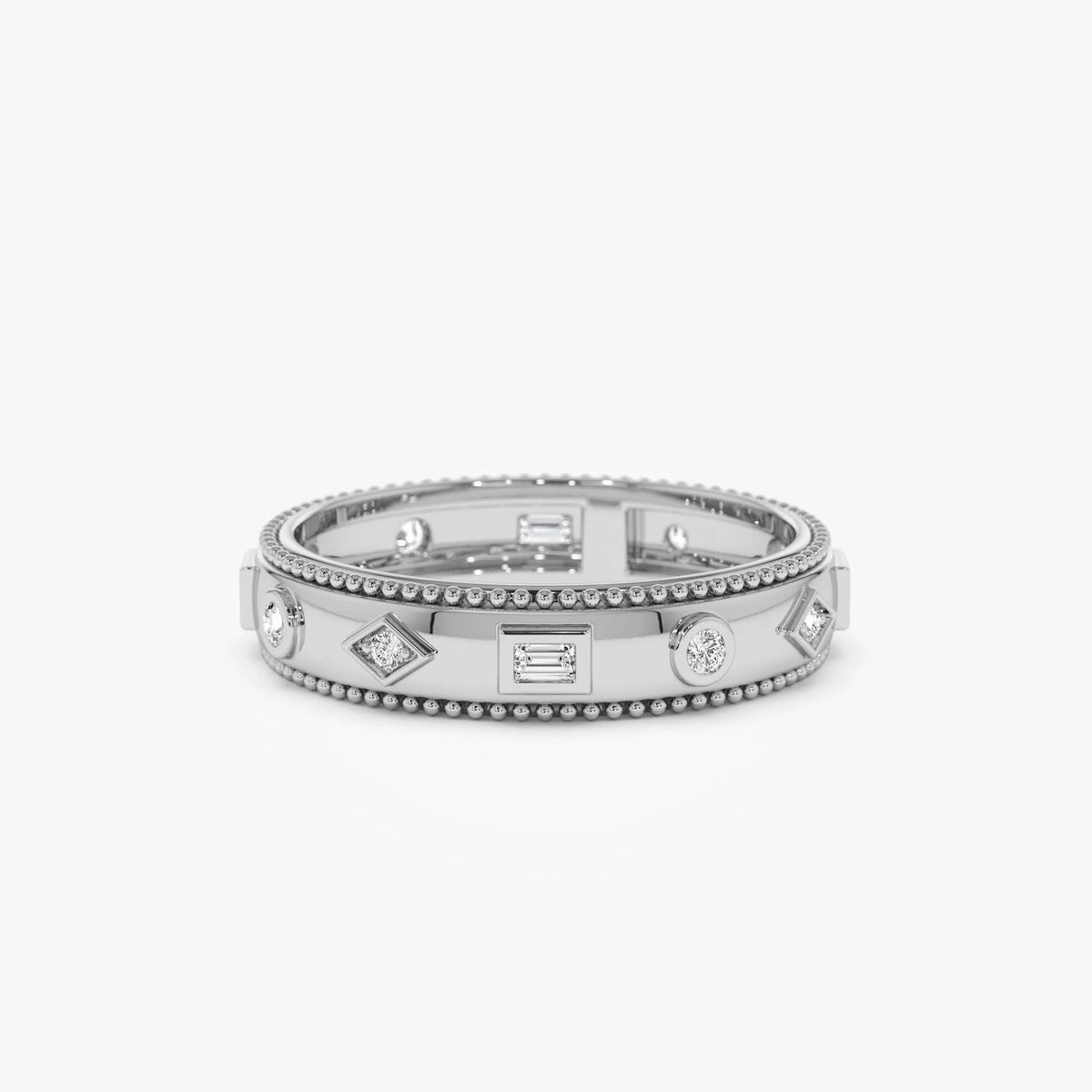 14K Solid Gold Round and Baguette Diamond 0.16 Carat Mixed Shape Band