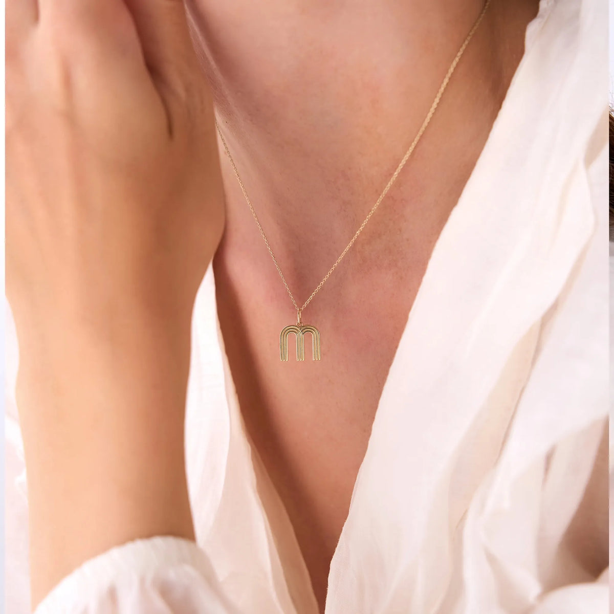 14k Solid Gold Triple Line Initial Pendant Necklace