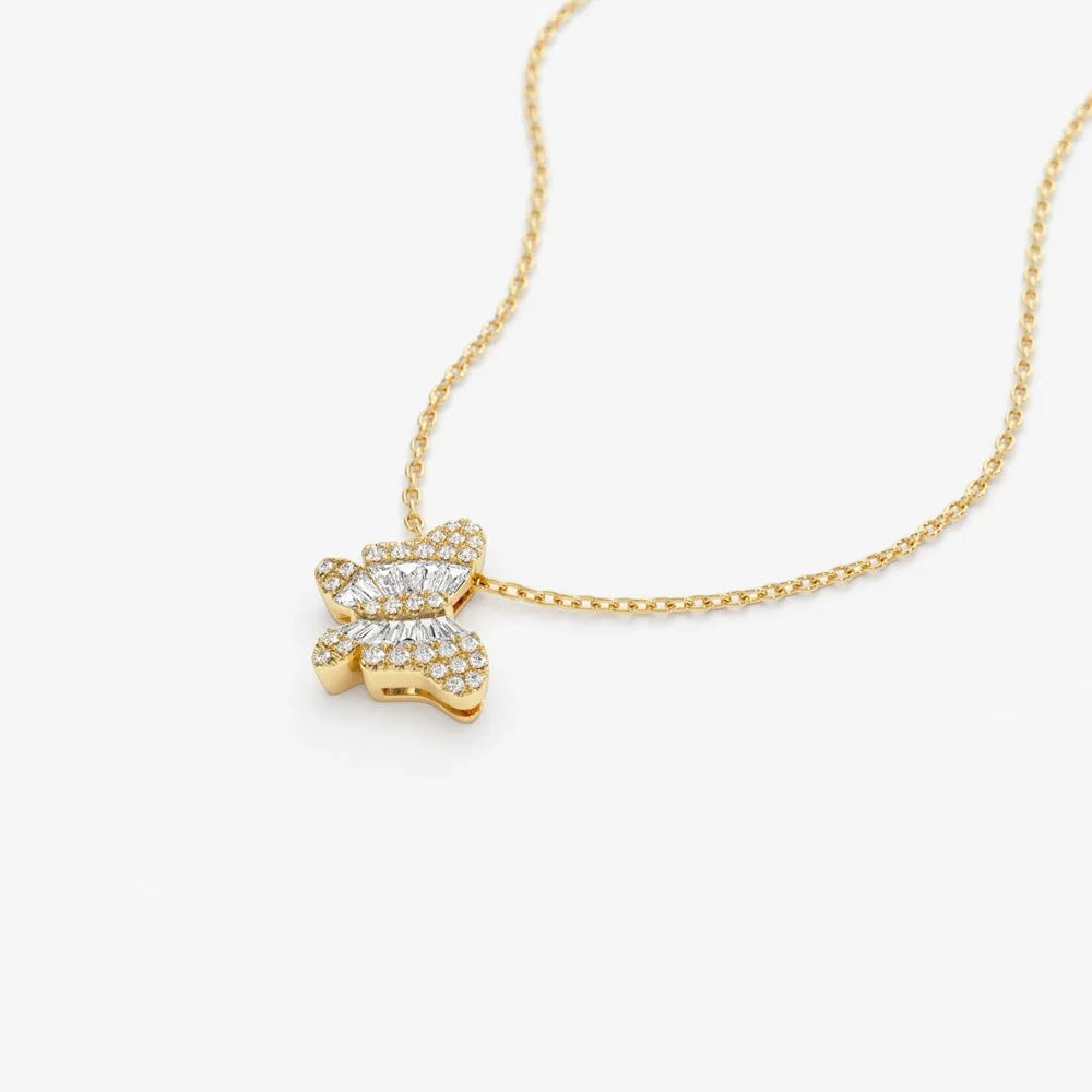 14K Solid Gold Baguette and Round Diamond Butterfly Pendant Necklace 0.26ctw