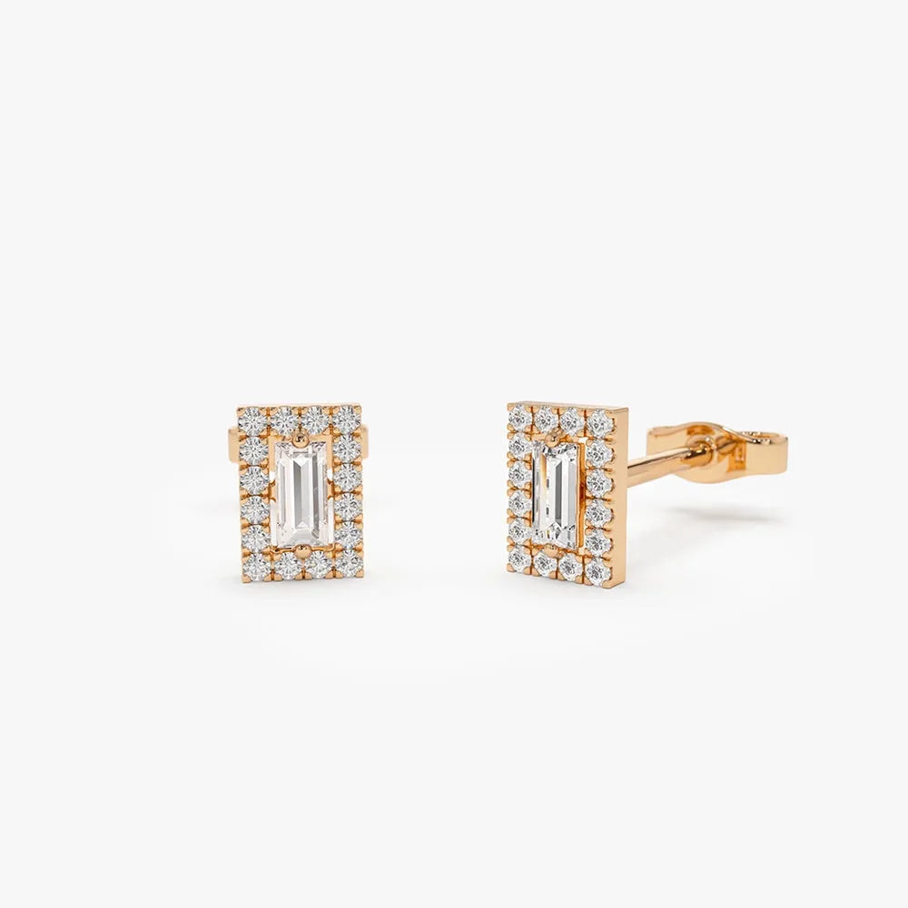 14k Gold Diamond Baguette and Round Cut Halo Setting Stud Earrings 0.45 ctw