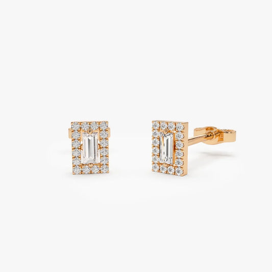 14k Gold Diamond Baguette and Round Cut Halo Setting Stud Earrings 0.45 ctw