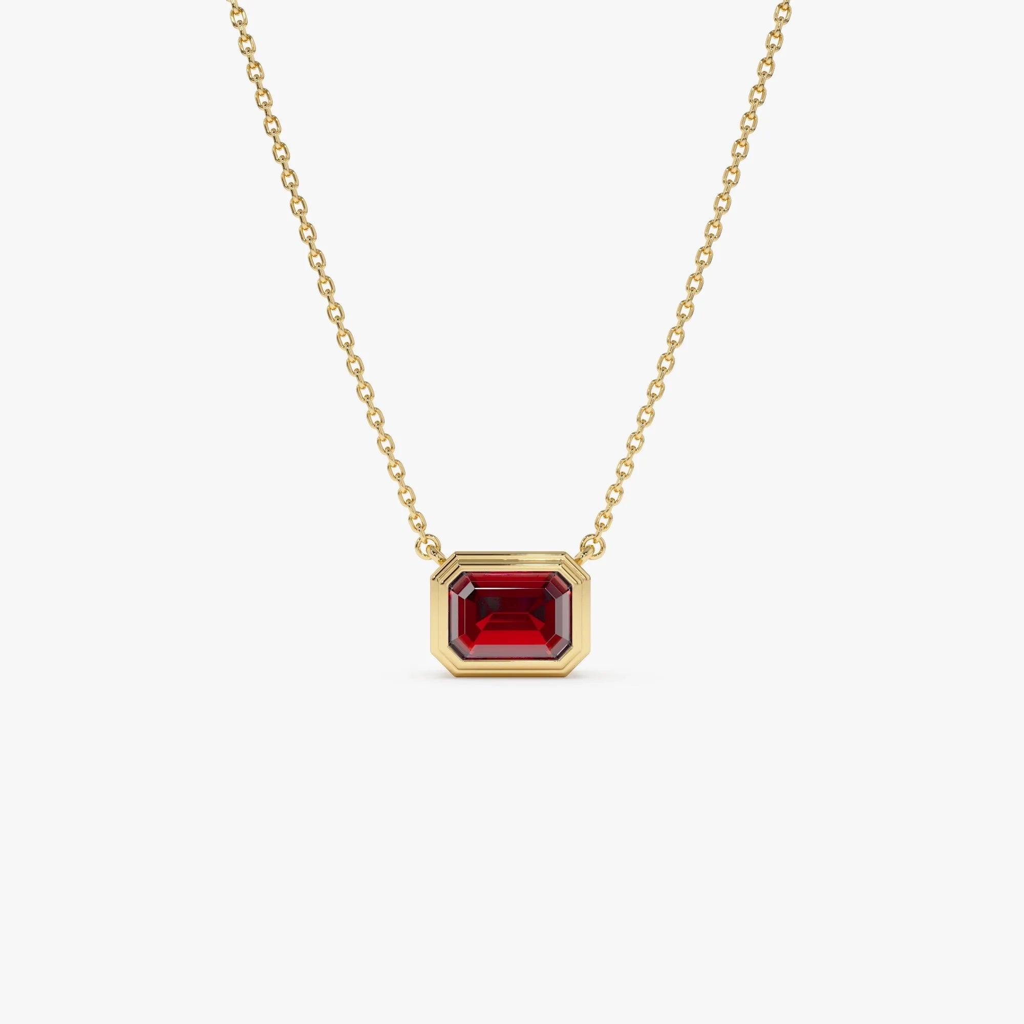14k Solid Gold Garnet Emerald Cut Necklace 0.95 Carat Bezel Setting