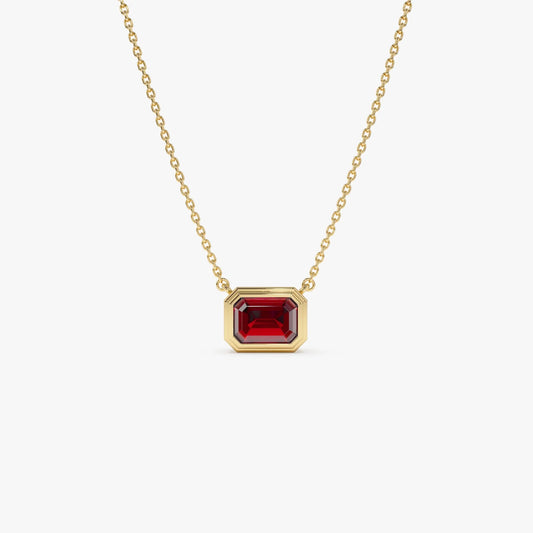 14k Solid Gold Garnet Emerald Cut Necklace 0.95 Carat Bezel Setting