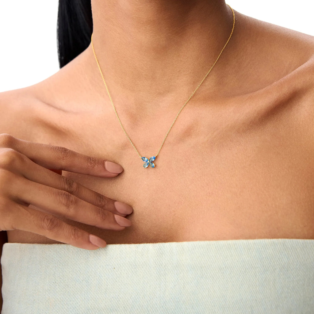 14k Solid Gold London Blue Topaz Pear and Marquise Butterfly Necklace 1.21 Carat