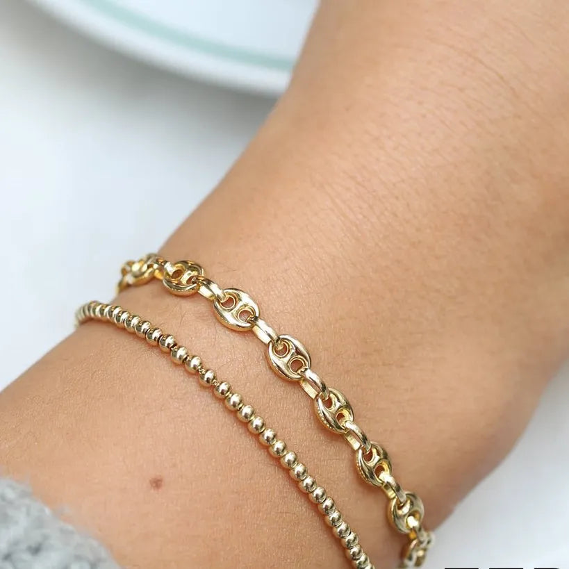 14k Gold Thick Puffed Mariner Link Bracelet with Lobster Claw Clasp