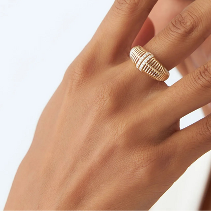 14k Solid Gold Round Diamond 0.18 Carat Ribbed Dome Statement Ring