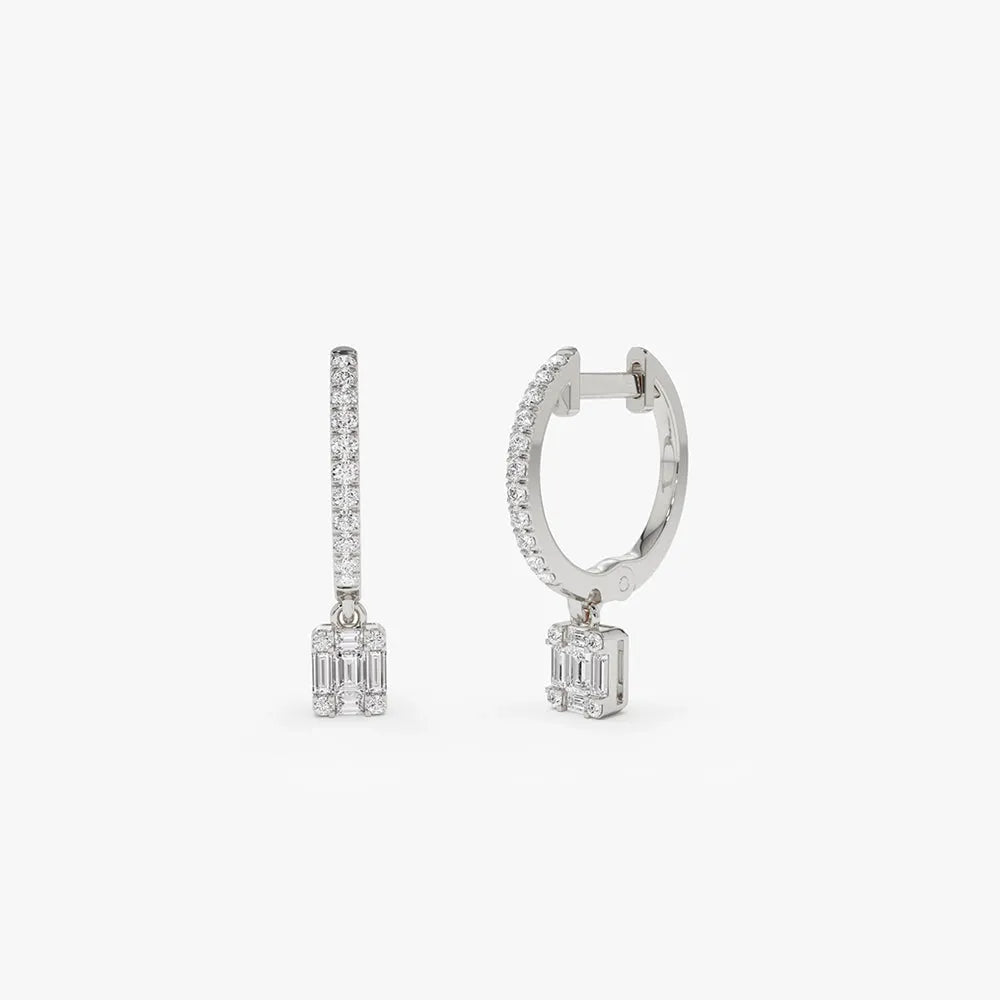 14k Gold Diamond Baguette and Round Cut Dangling Illusion Huggie Earrings Prong Micro Pave 0.30 ctw