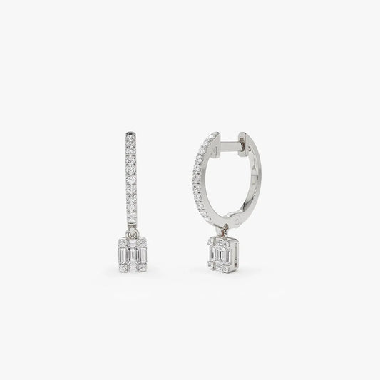 14k Gold Diamond Baguette and Round Cut Dangling Illusion Huggie Earrings Prong Micro Pave 0.30 ctw