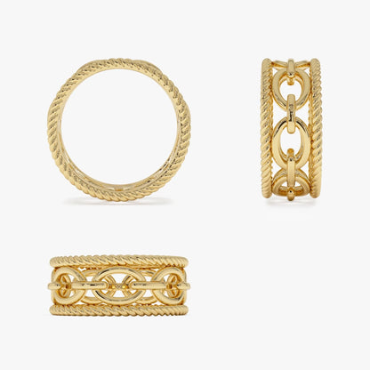 14k Solid Gold Rope Chain Link Wide Band Ring