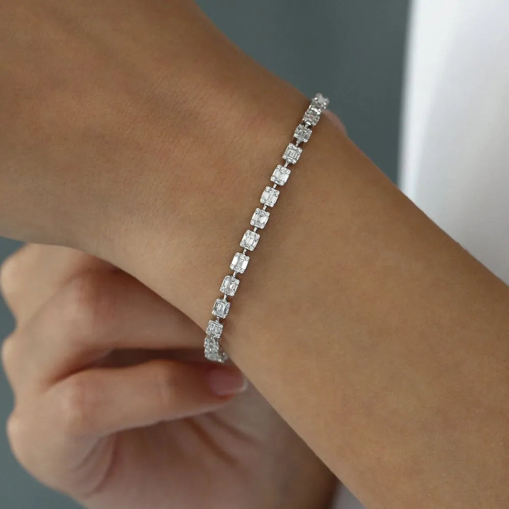 14K Solid Gold 2.43 CTW Baguette and Round Diamond Illusion Setting Tennis Bracelet