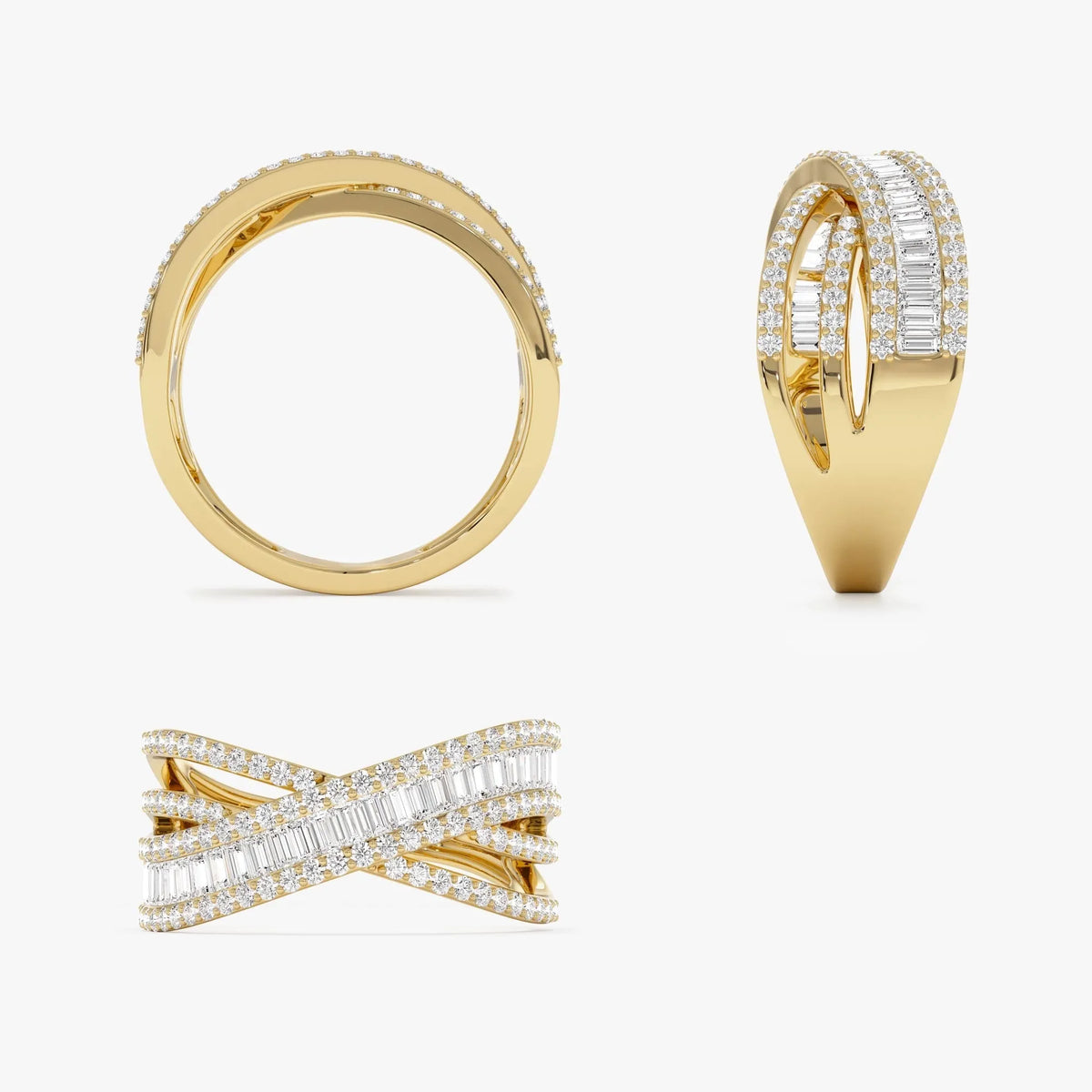 14k Solid Gold Baguette and Round Diamond 0.85 Carat Multi Row Criss Cross Band Ring