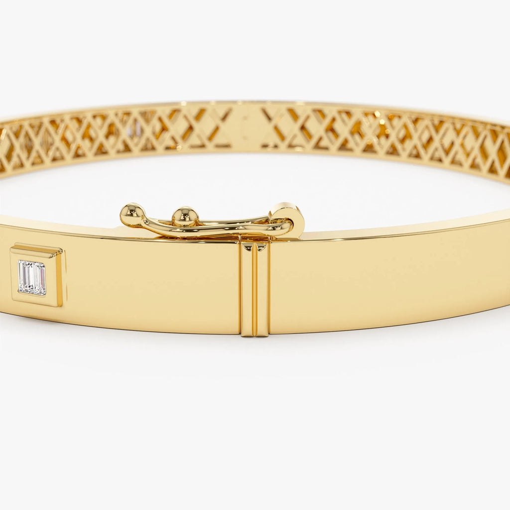 14K Solid Gold 0.20 CTW Baguette Diamond Bezel Set Statement Bangle