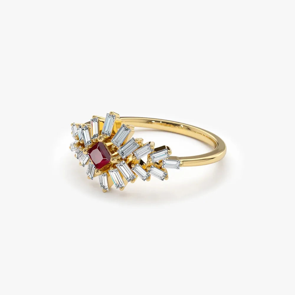 14k Gold Ruby and Diamond Square and Baguette Cut Ring 0.54 ctw