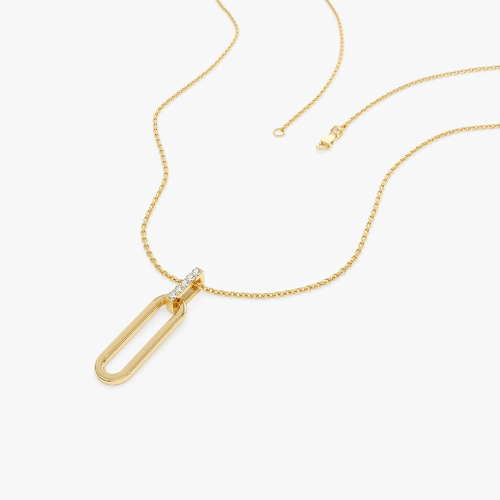 14K Solid Gold 0.05 CTW Round Diamond Paper Clip Link Pendant Necklace