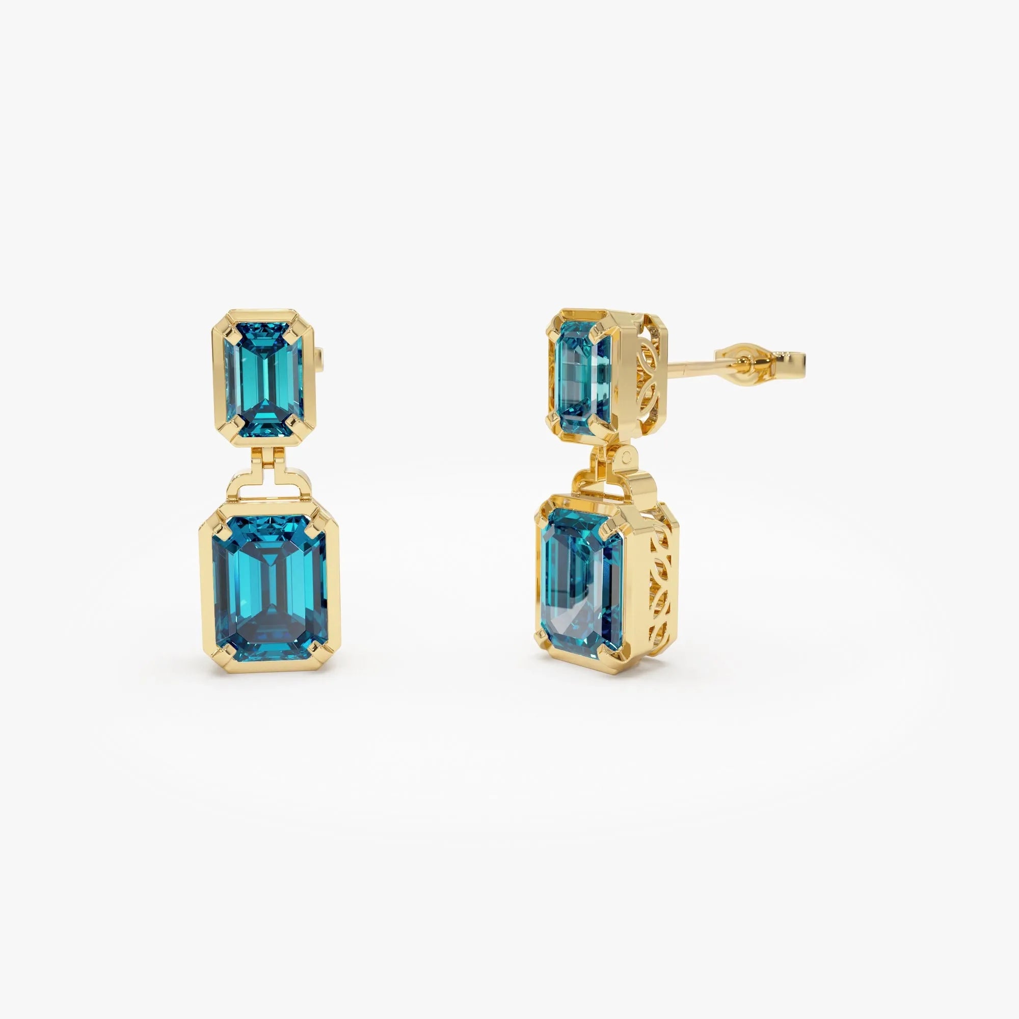 14K Solid Gold Octagon Cut London Blue Topaz Dangle Drop Earrings 3.9ctw