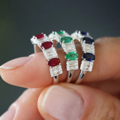14K Solid Gold Oval Emerald and Baguette Round Diamond Ring 1.43 CTW Handcrafted Jewelry