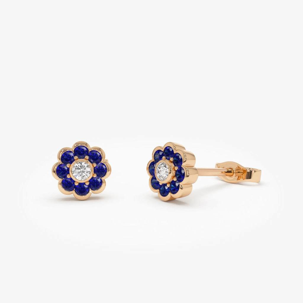 14k Solid Gold Round Blue Sapphire and Diamond Flower Bezel Set Stud Earrings 0.57 ctw