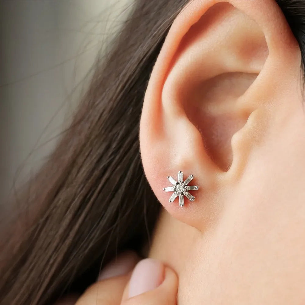 14k Gold Diamond Baguette and Round Cut Floral Stud Earrings 0.45 ctw