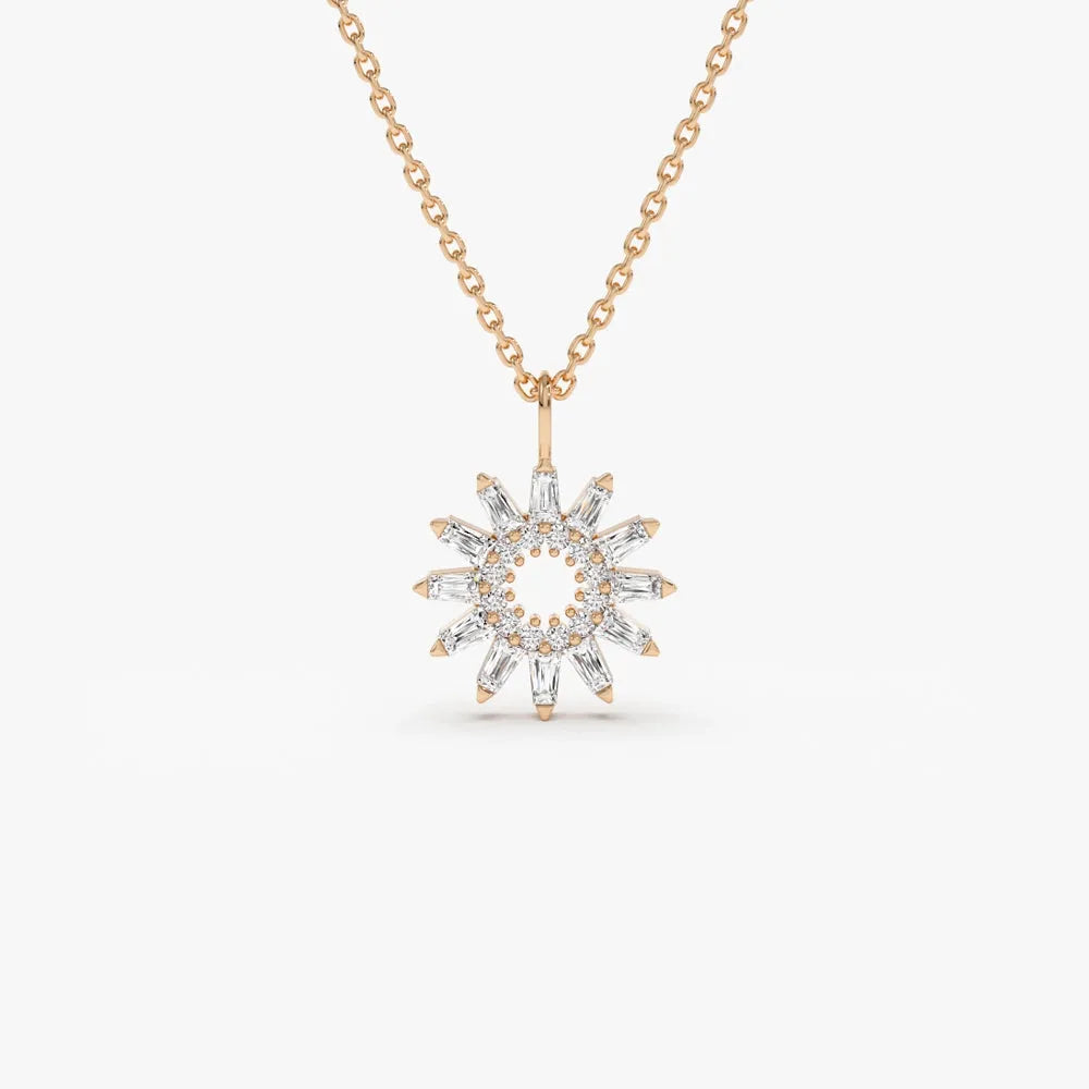 14K Solid Gold Baguette and Round Diamond Star Pendant Necklace Prong Setting 0.30ctw
