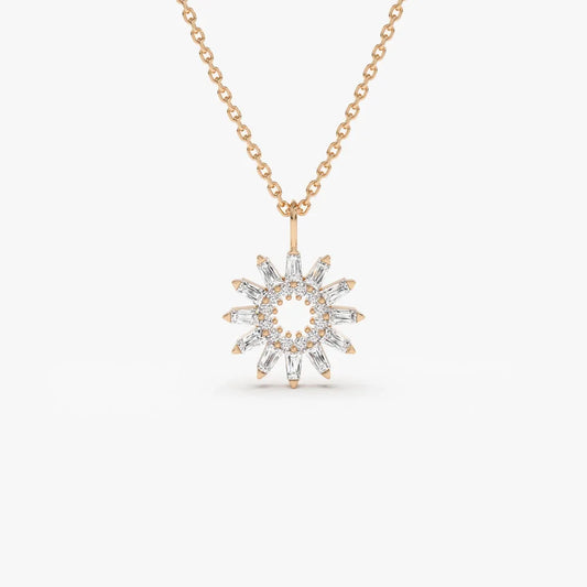 14K Solid Gold Baguette and Round Diamond Star Pendant Necklace Prong Setting 0.30ctw