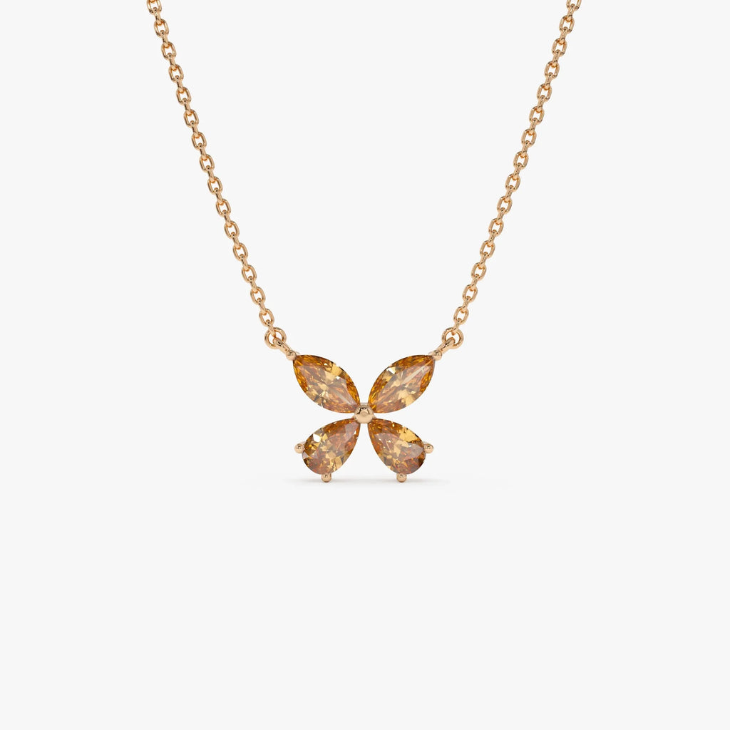14k Solid Gold Citrine Pear and Marquise Butterfly Necklace 0.90 Carat