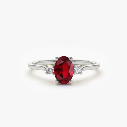 14k Gold Ruby and Diamond Oval and Round Cut Three Stone Ring 0.77 ctw