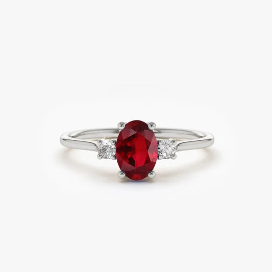 14k Gold Ruby and Diamond Oval and Round Cut Three Stone Ring 0.77 ctw
