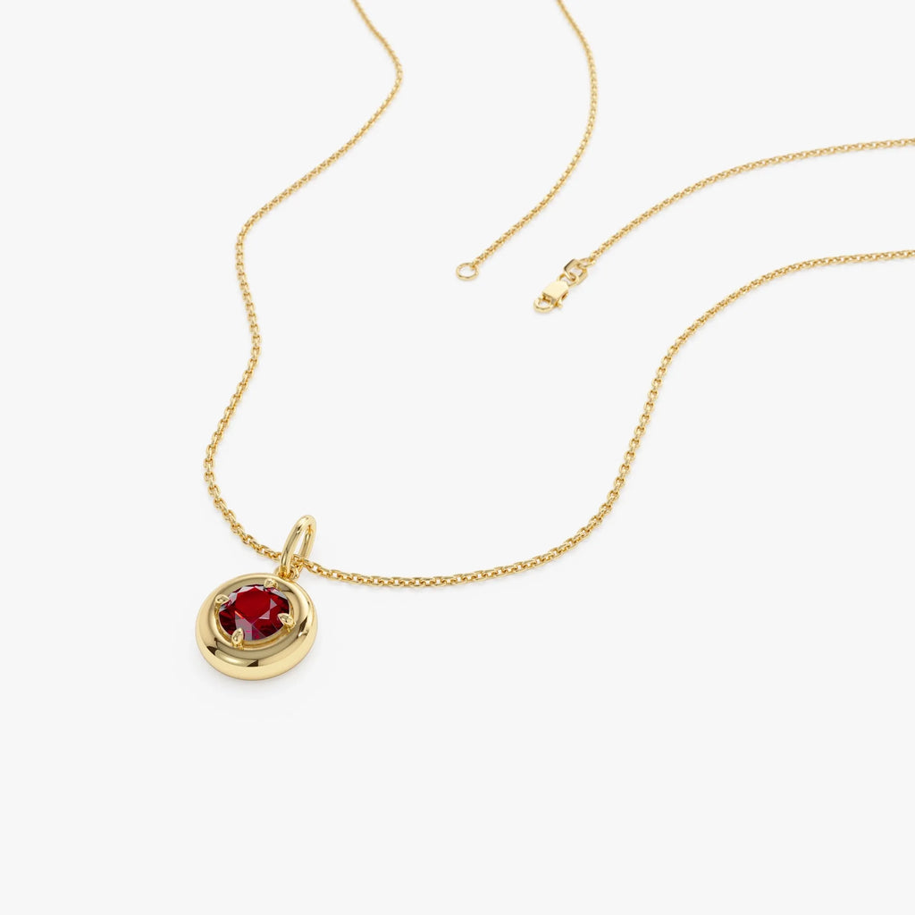 14k Solid Gold Round Garnet Charm Necklace 0.50 Carat Prong Setting