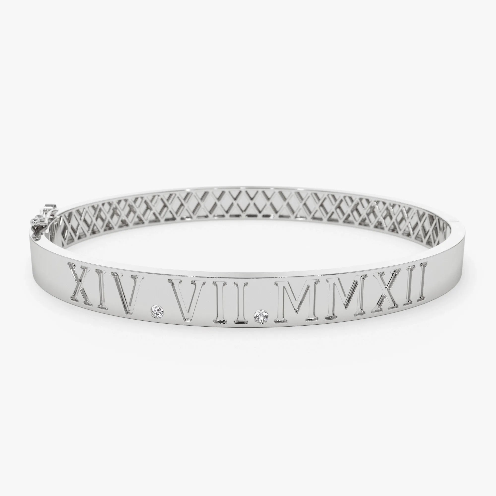 14K Solid Gold Round Diamond Personalized Roman Numeral Bangle Bracelet 0.03 CTW