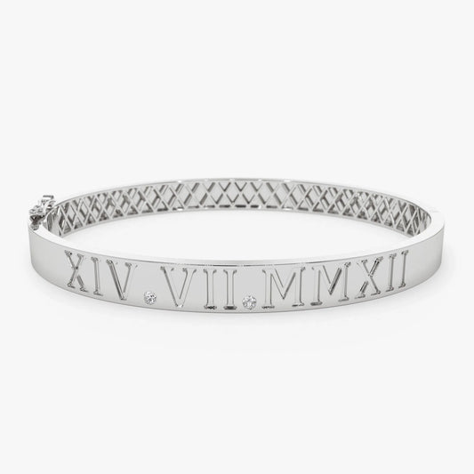 14K Solid Gold Round Diamond Personalized Roman Numeral Bangle Bracelet 0.03 CTW