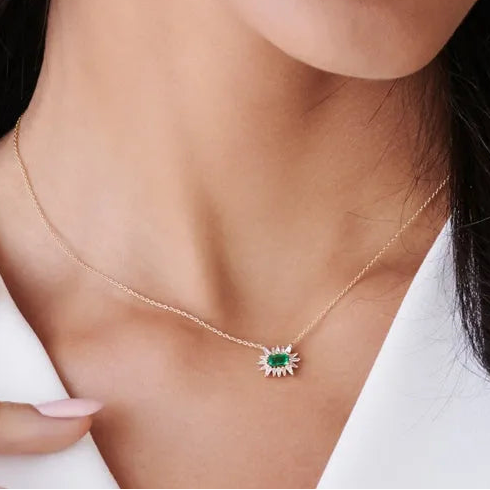 14k Solid Gold Emerald Cut Emerald 0.25 CTW and Tapered Baguette Diamond 0.25 CTW Pendant Necklace