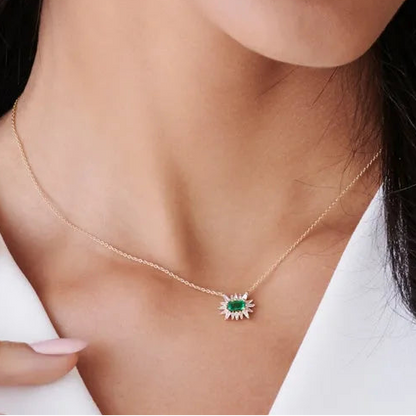 14k Solid Gold Emerald Cut Emerald 0.25 CTW and Tapered Baguette Diamond 0.25 CTW Pendant Necklace