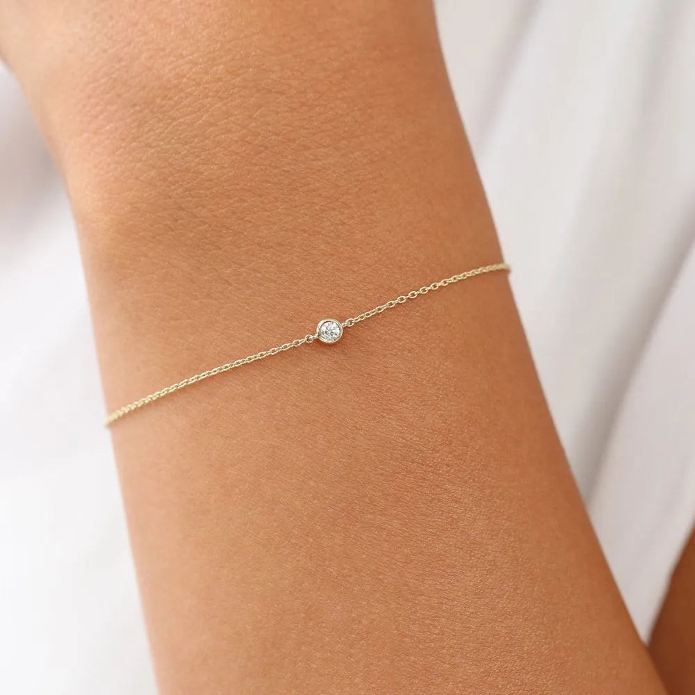 14K Solid Gold 0.10 CTW Round Diamond Bezel Set Solitaire Bracelet