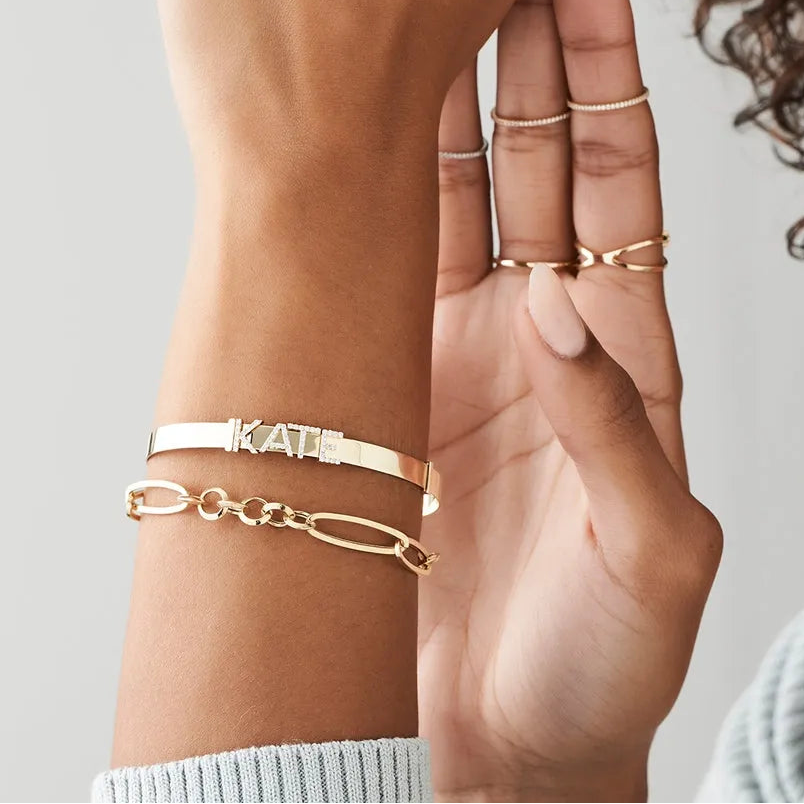 14K Solid Gold Round Diamond Sliding Initial Bangle