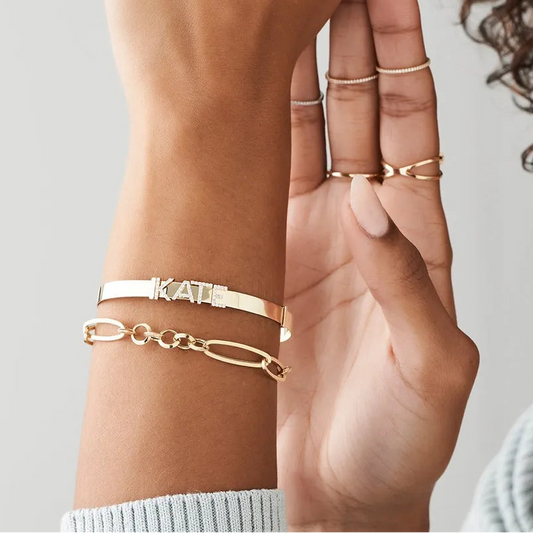 14K Solid Gold Round Diamond Sliding Initial Bangle