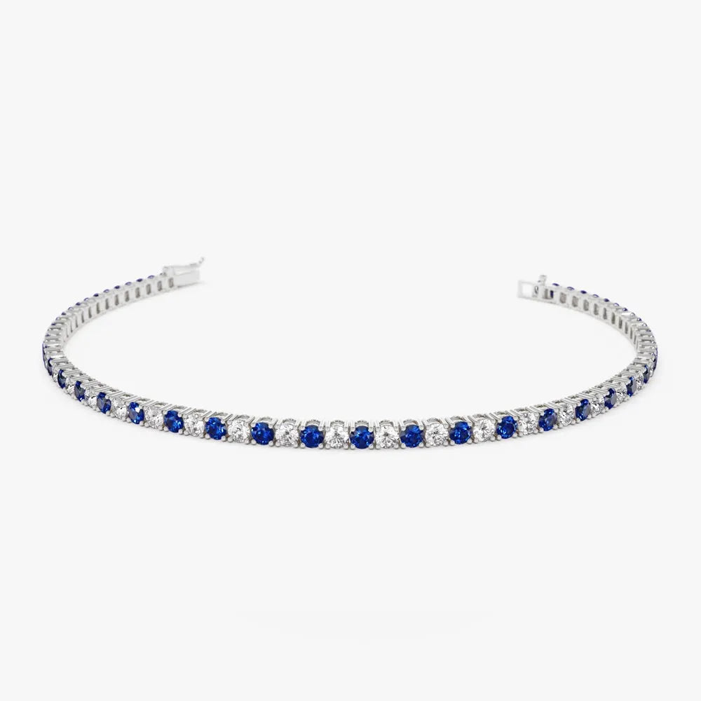 14k Gold Round Diamond and Sapphire 4 Prong Tennis Bracelet