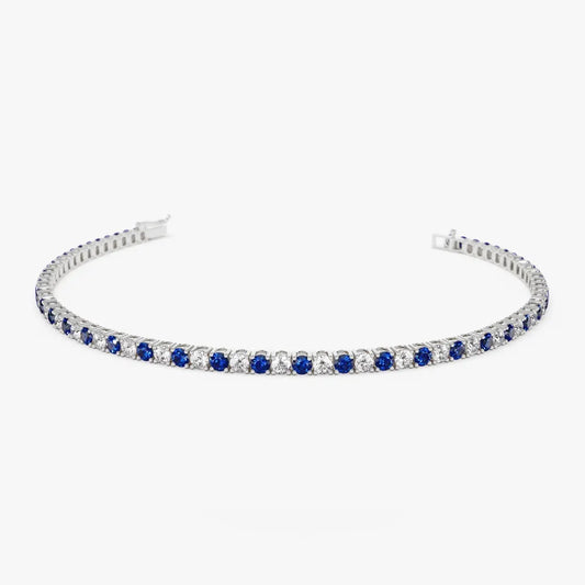 14k Gold Round Diamond and Sapphire 4 Prong Tennis Bracelet