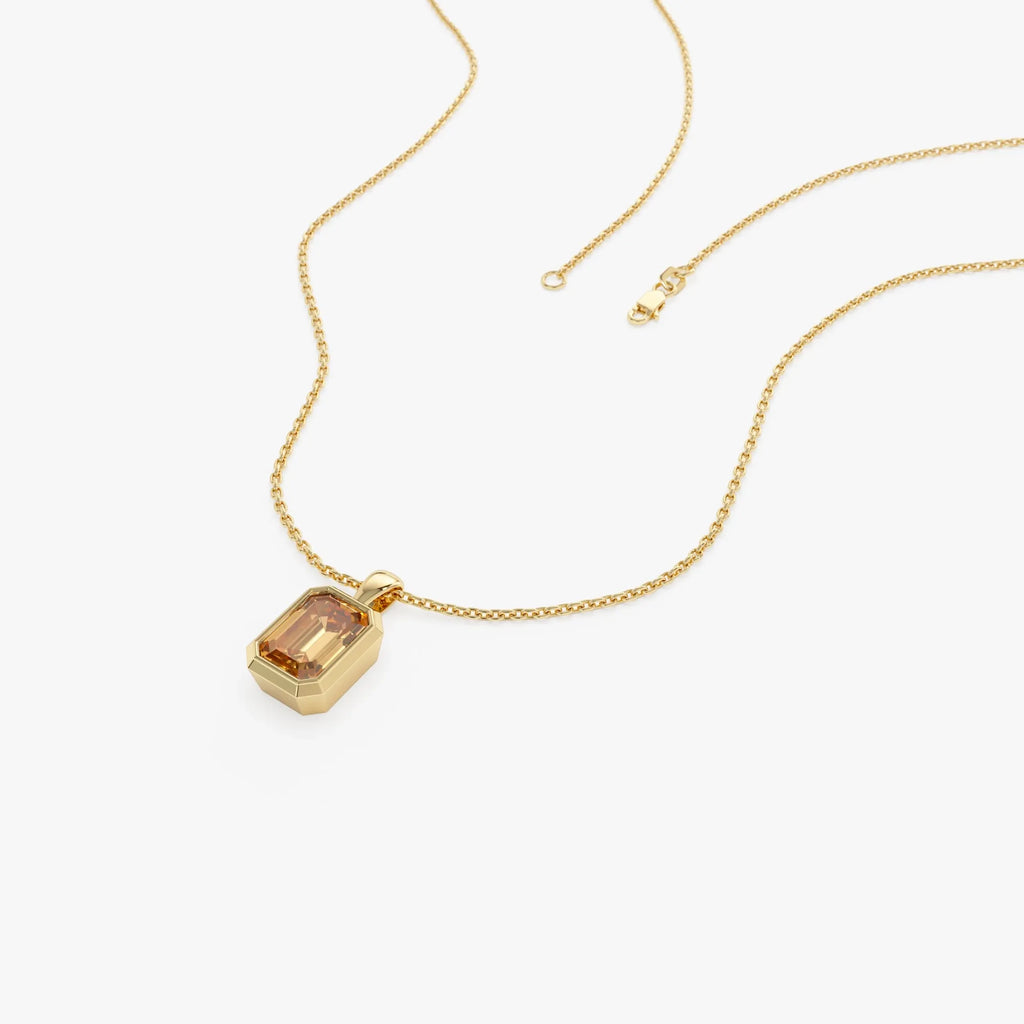 14k Solid Gold Citrine Emerald Cut Vertical Pendant 0.95 Carat Bezel Setting