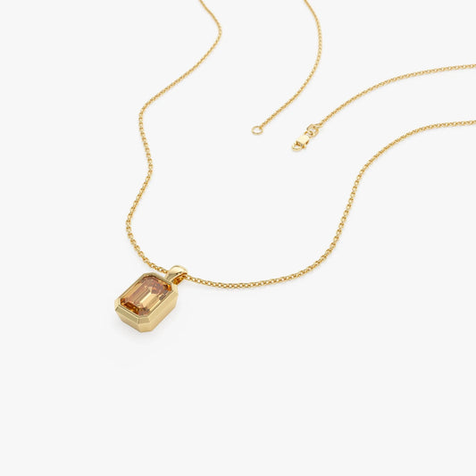 14k Solid Gold Citrine Emerald Cut Vertical Pendant 0.95 Carat Bezel Setting