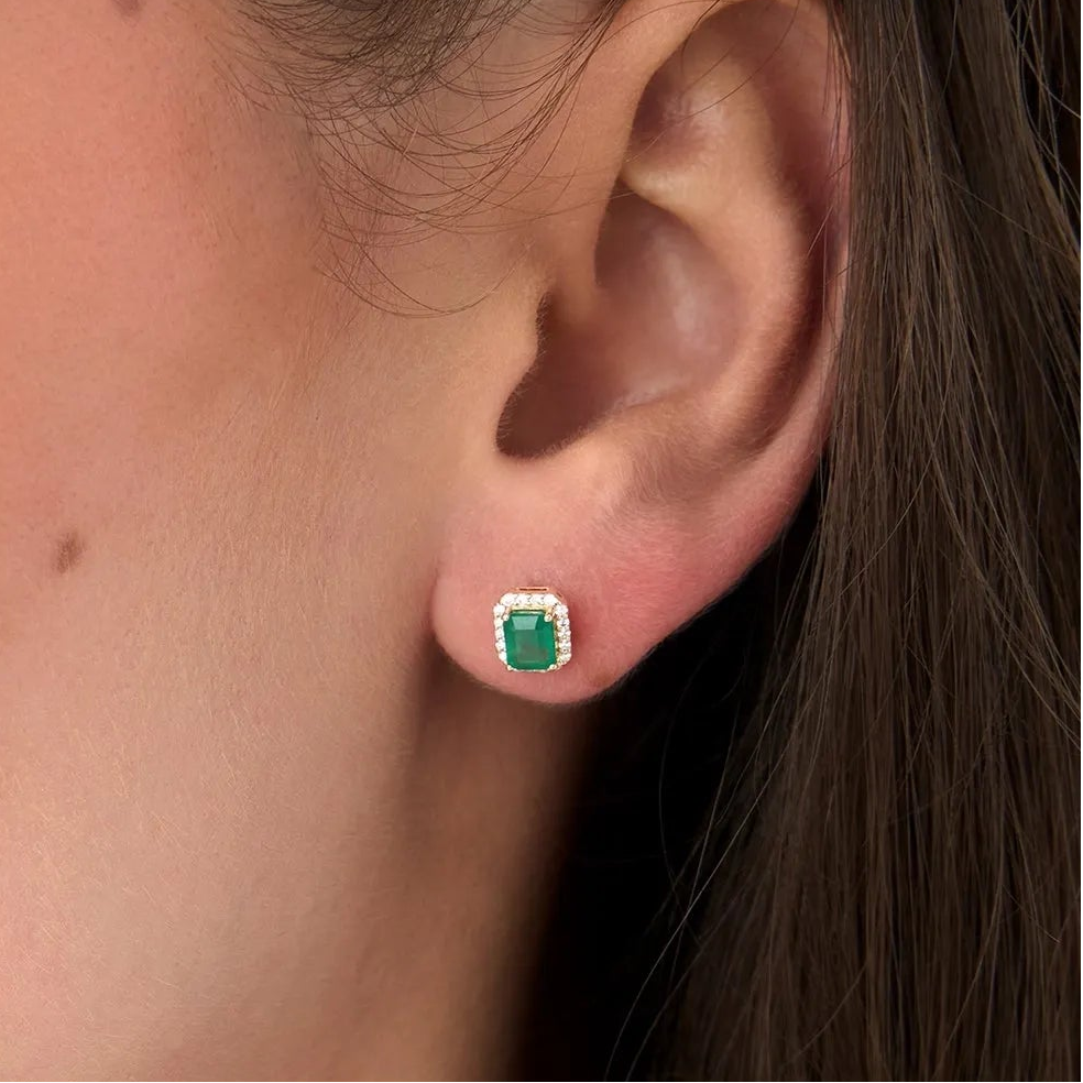 14k Solid Gold Octagon Emerald and Round Diamond Halo Stud Earrings 1.04 ctw