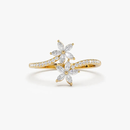 14k Gold 0.39 ctw Marquise and Round Diamond Flower Bypass Ring