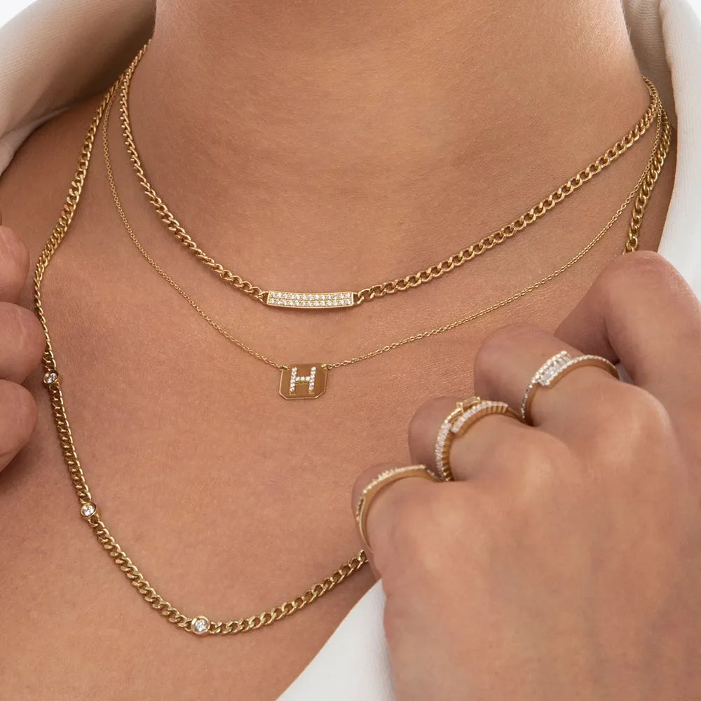 14K Solid Gold Round Diamond Pave Curb Link Bar Necklace 0.30ctw