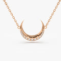 14K Solid Gold Round Diamond Micro Pave Horizontal Crescent Moon Necklace 0.26ctw